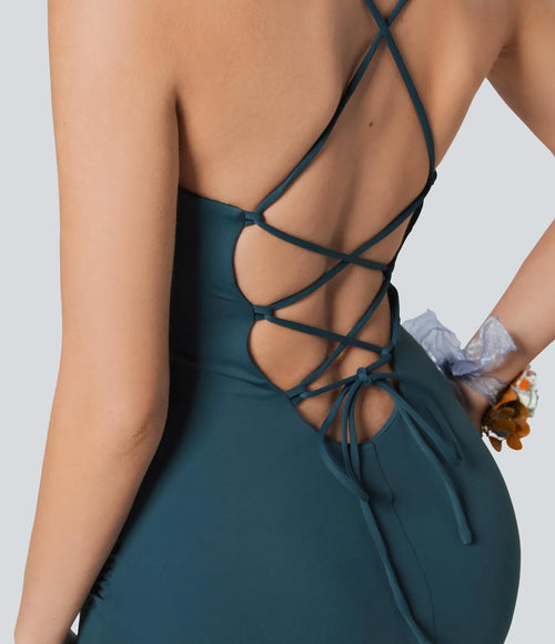 NWT Halara SoftlyZero Airy Crossover Ruched Lace Up Bodycon Dress Size Small