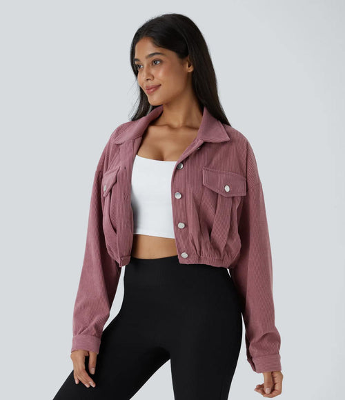NWT Halara Pocket Cropped Corduroy Casual Jacket Mauvewood Large