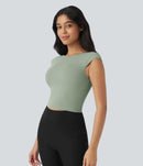 NWT Halara Boat Neck Cap Sleeve Cropped Casual T-Shirt-UPF50+ Asparagus S
