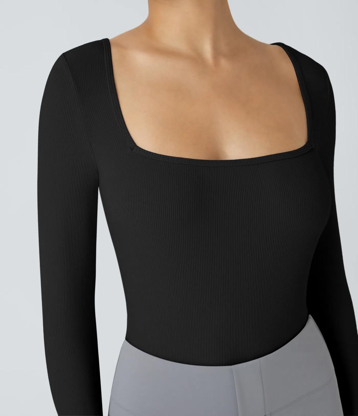 NWT Halara Ribbed Knit Square Neck Long Sleeve Skinny Casual Bodysuit Black L