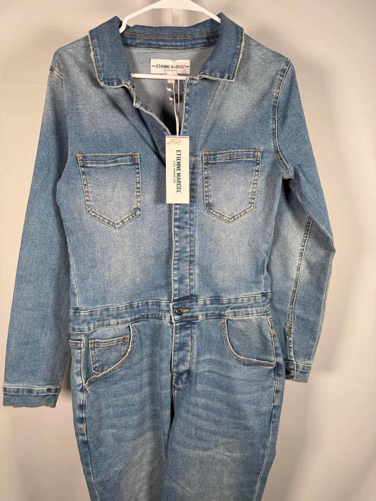 NWT Etienne Marcel Faded Wash Notch Lapel Denim Jumpsuit, Size M
