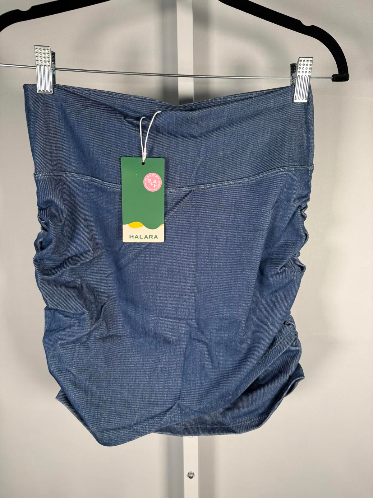 NWT Halara Flex High Waisted Bodycon Denim Mini Ruched Skirt Washed Denim M