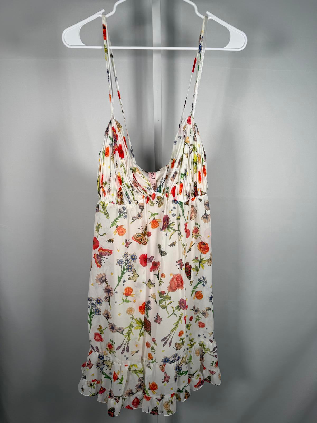 NWT Mac Duggal Apparel White Butterfly Print Ruffle Hem Mini Dress Size 8