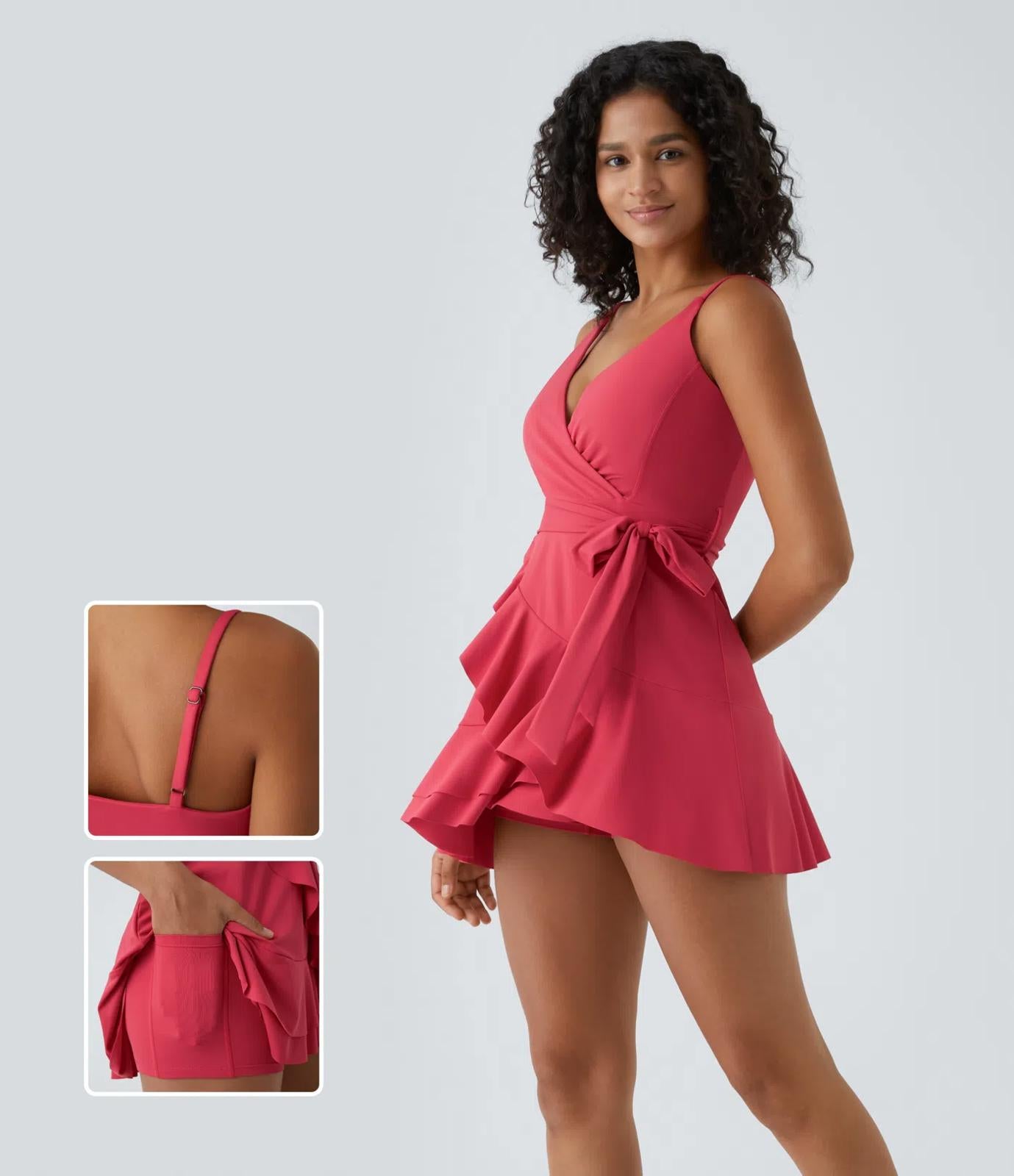 NWT Halara V Neck Tie Side Ruffle 2-Piece Pocket Flowy Mini Dress Winterberry M