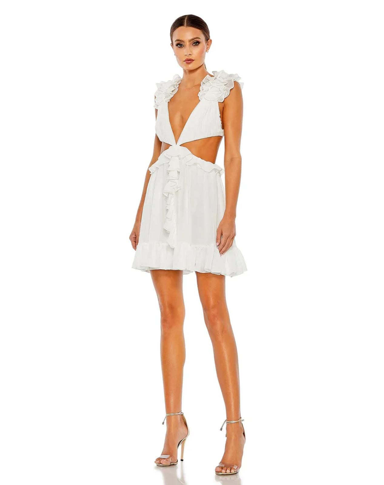 NWT Mac Duggal Apparel White Ruffled Cut-Out V Neck Mini Dress Size 4