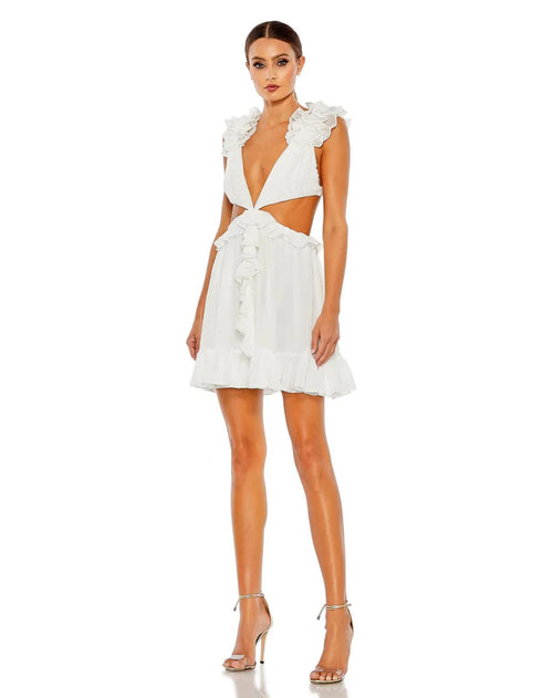 NWT Mac Duggal Apparel White Ruffled Cut-Out V Neck Mini Dress Size 4