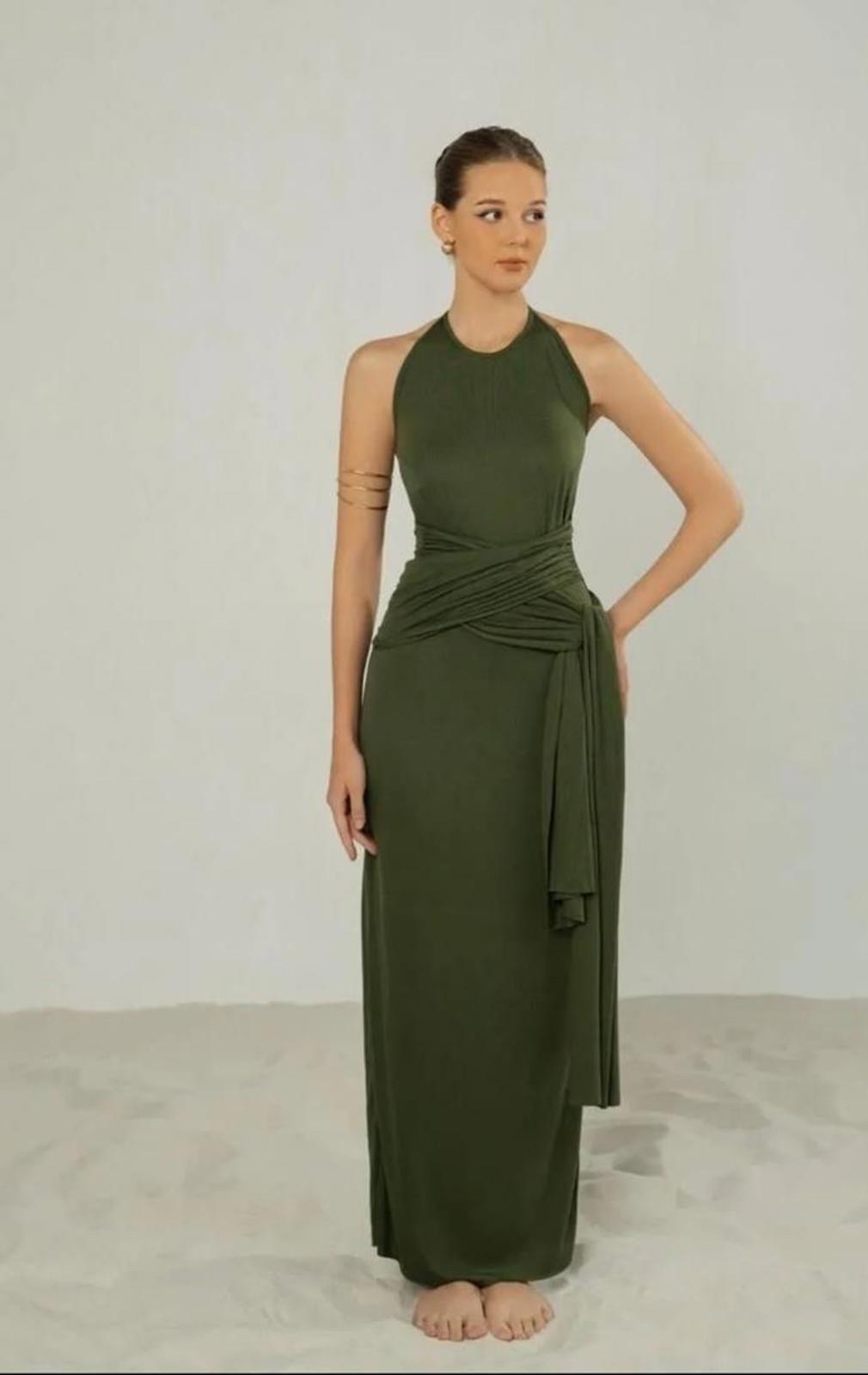 Atelier Olive Green Maxi Dress with Tie Detail Size M