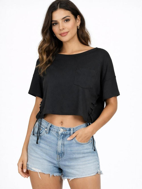 NWT Halara Cropped Pocket Tee Lace Up Side Black Size Medium