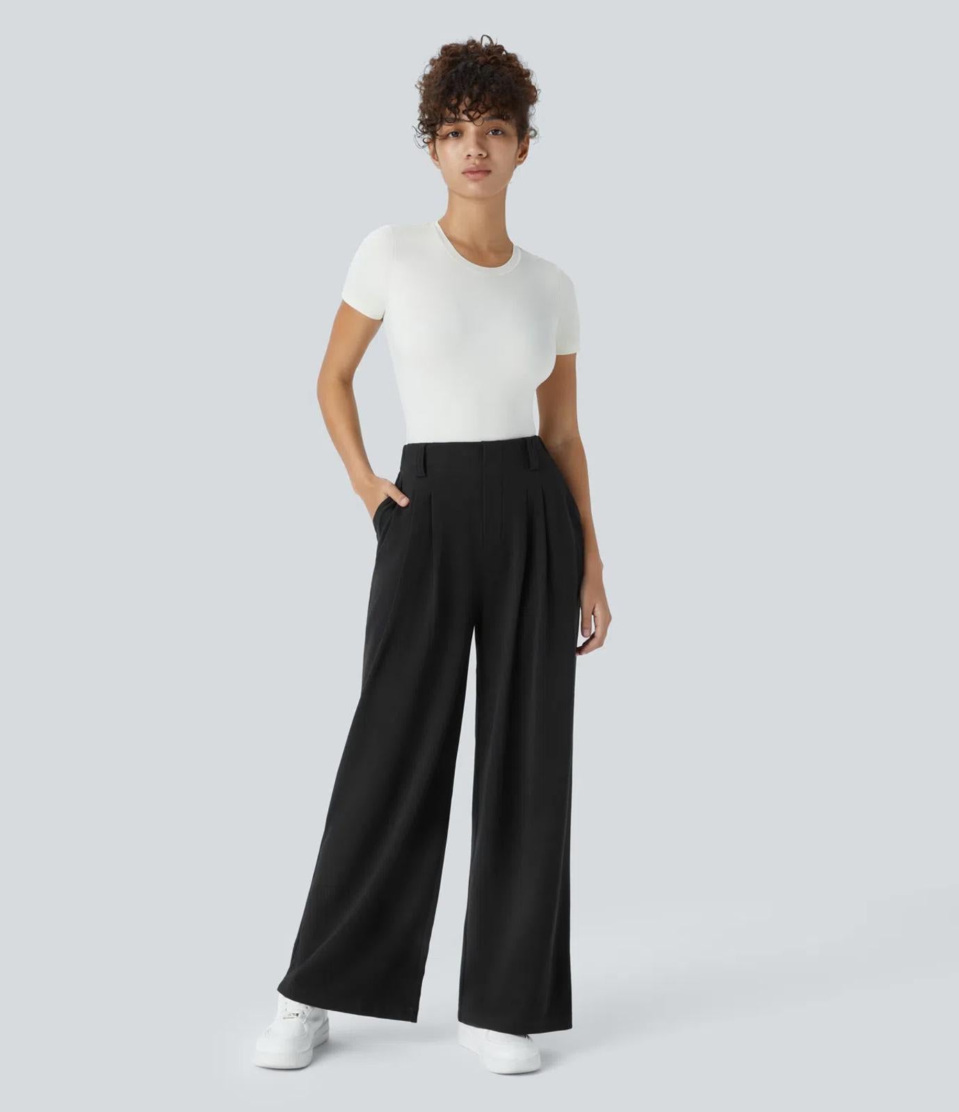 NWT Halara Flex™ High Waisted Pocket Wide Leg Waffle Work Pants Black Size L