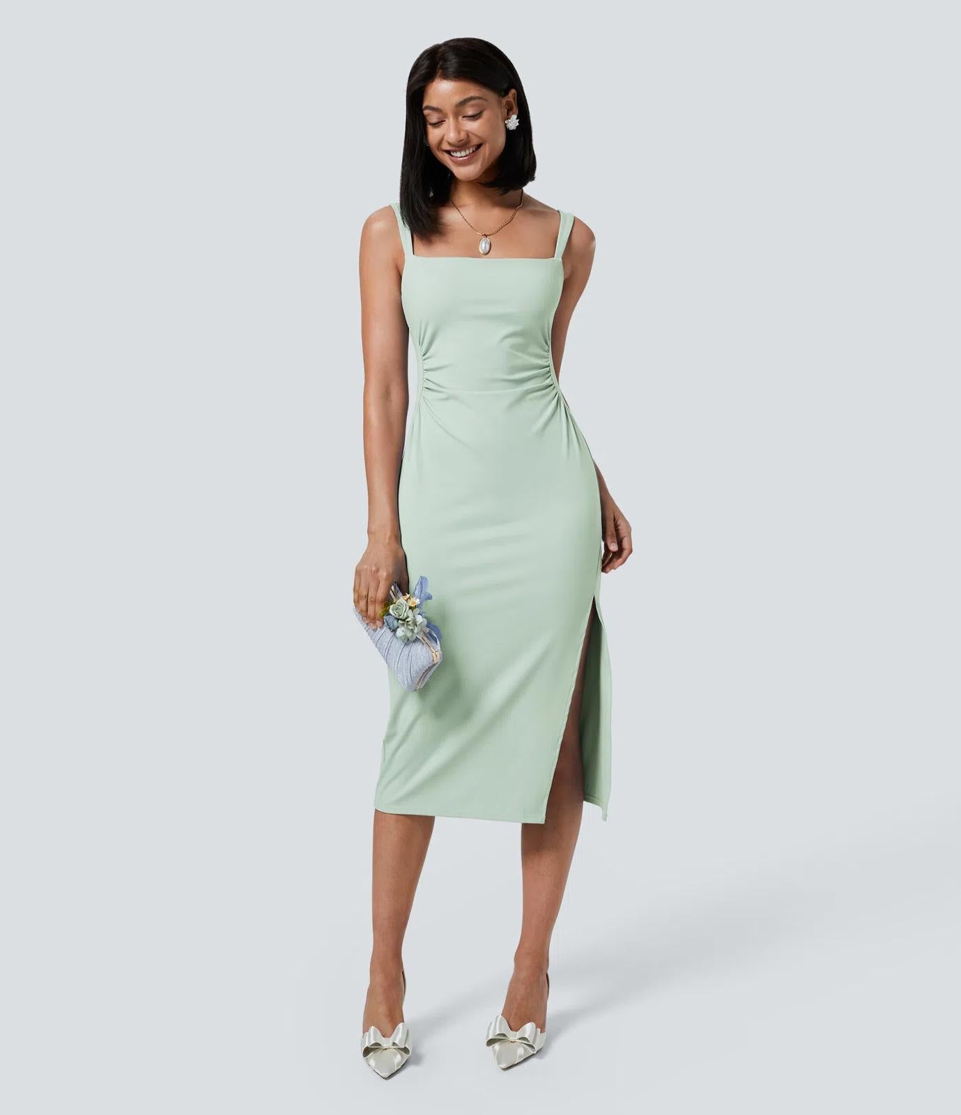 NWT Halara SoftlyZero Square Neck Ruched Midi Dress Fairest Jade Size XS