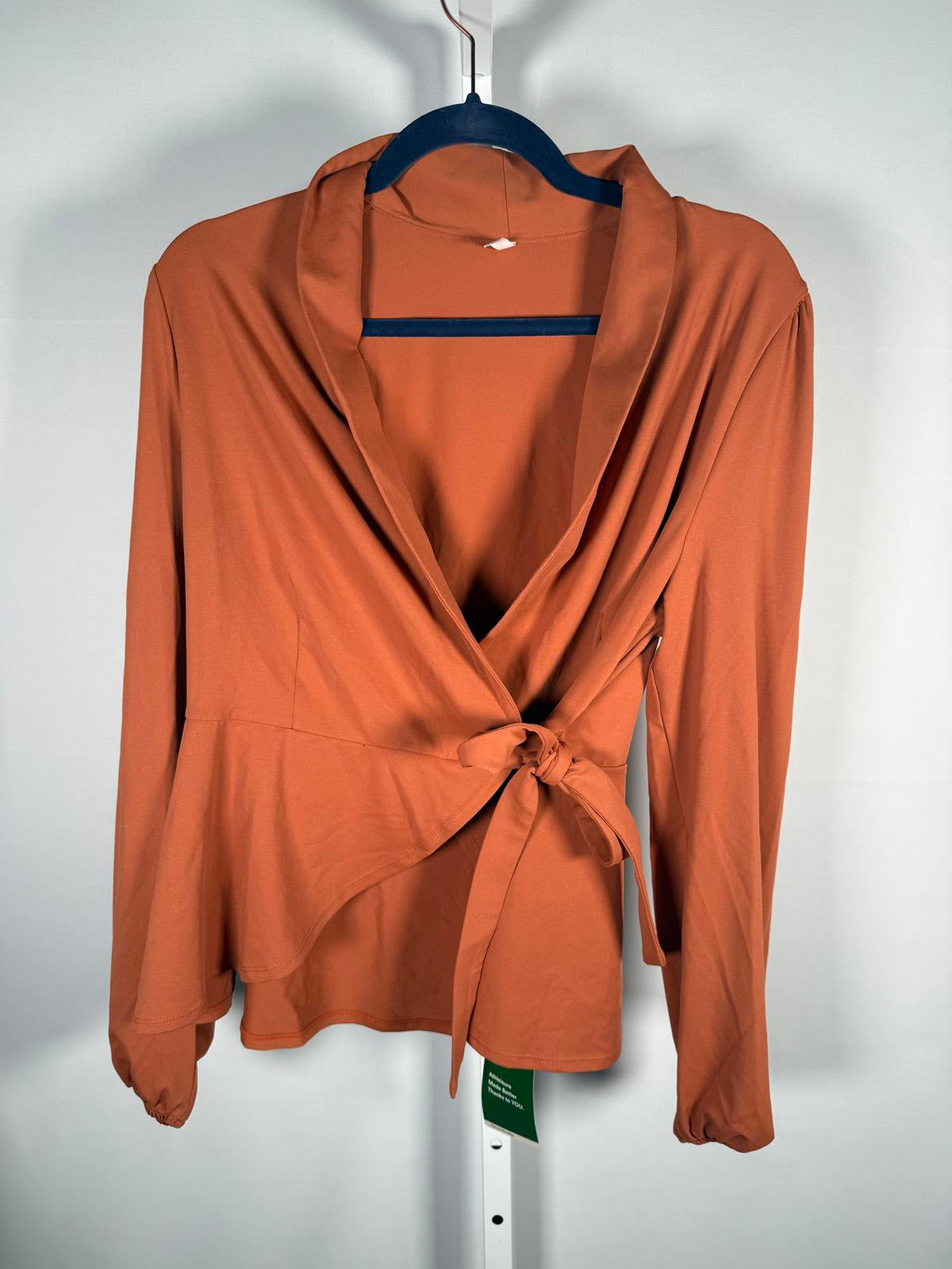 NWT Halara Shawl Collar Wrapped Tie Side Ruffle Hem Work Blouse Rust Red - Large