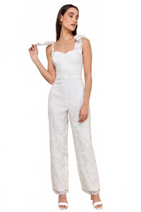 NWT Lulus Extraordinary Charm White Floral Burnout Tie-Strap Jumpsuit Size S