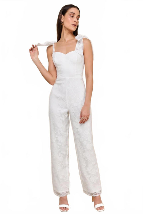 NWT Lulus Extraordinary Charm White Floral Burnout Tie-Strap Jumpsuit Size S