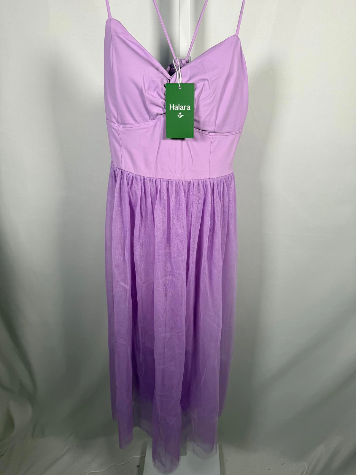 NWT Halara V Neck Ruched Lace Up Contrast Mesh Midi Casual Dress Orchid Bloom L