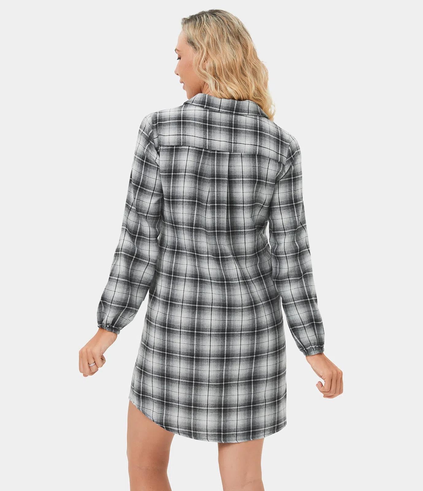NWT Halara Tie Front Long Sleeve Plaid Mini Casual Dress Graphite White Plaid S