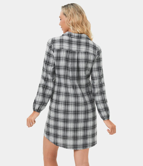 NWT Halara Tie Front Long Sleeve Plaid Mini Casual Dress Graphite White Plaid S