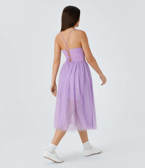 NWT Halara V Neck Ruched Lace Up Contrast Mesh Midi Casual Dress Orchid Bloom L