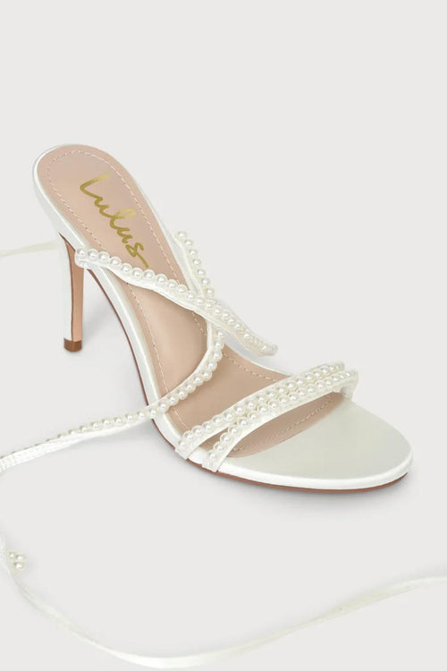 Lulus Leaah White Satin Pearl Lace-Up High Heel Sandals - 11 NWB