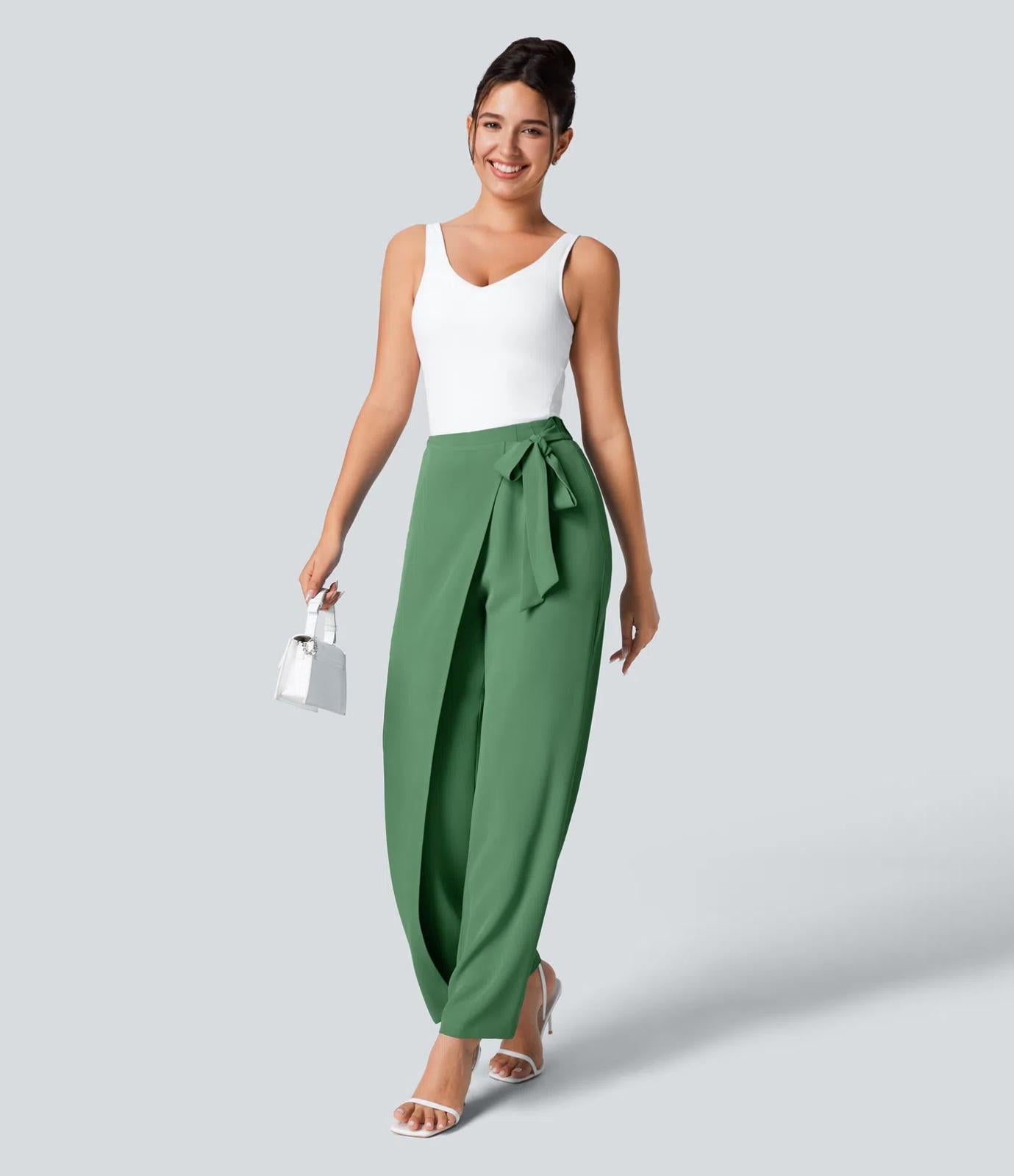 NWT Halara High Waisted Tie Side Wide Leg Work Pants Hills Green L
