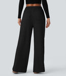 NWT Halara Ribbed Knit High Waisted Pockets Wide Leg Casual Pants Black S