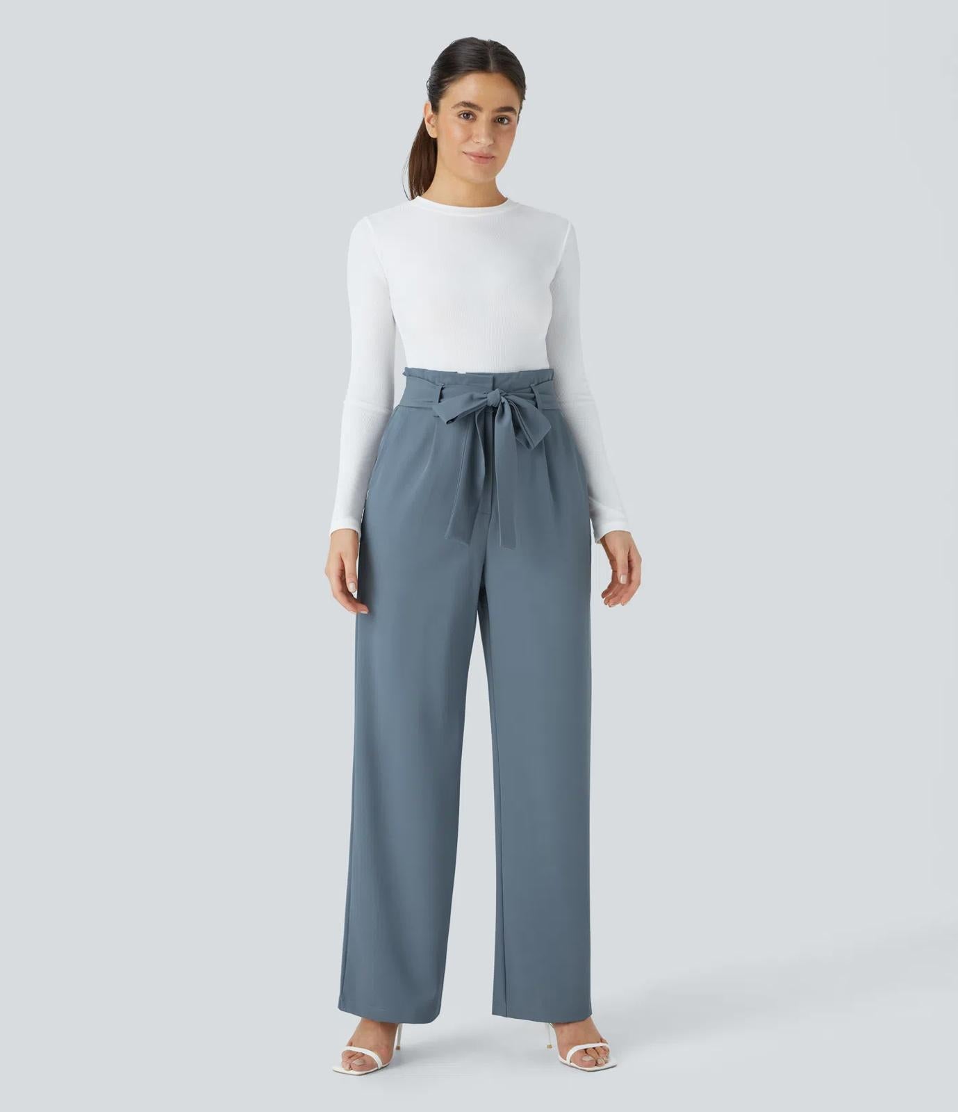 NWT Halara High Waisted Belted Pocket Wide Leg Work Pants Deep Sea Gray Blue XL