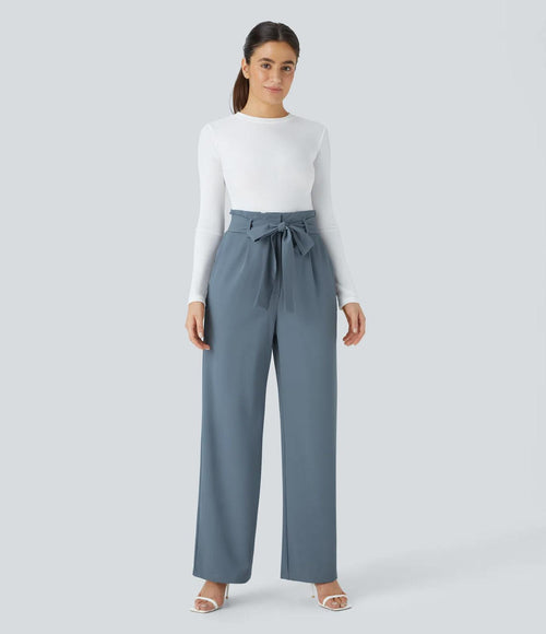 NWT Halara High Waisted Belted Pocket Wide Leg Work Pants Deep Sea Gray Blue XL