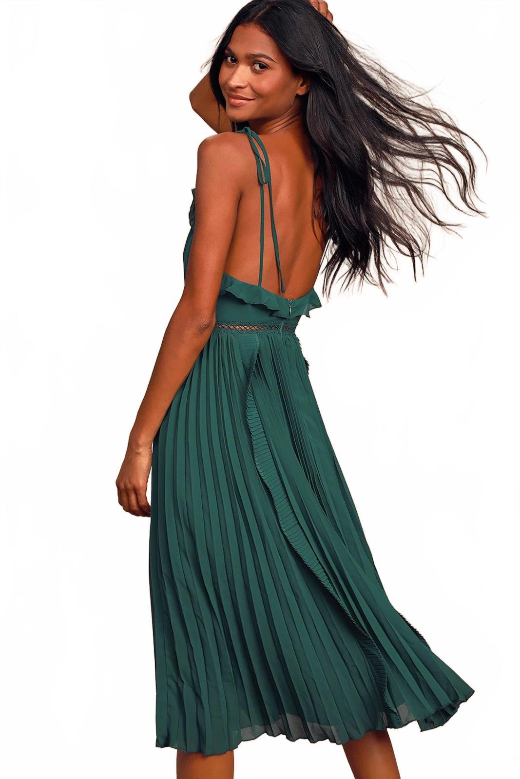 Lulus Never a Dull Moment Emerald Green Tie-Strap Pleated Midi Dress - XXS NWT