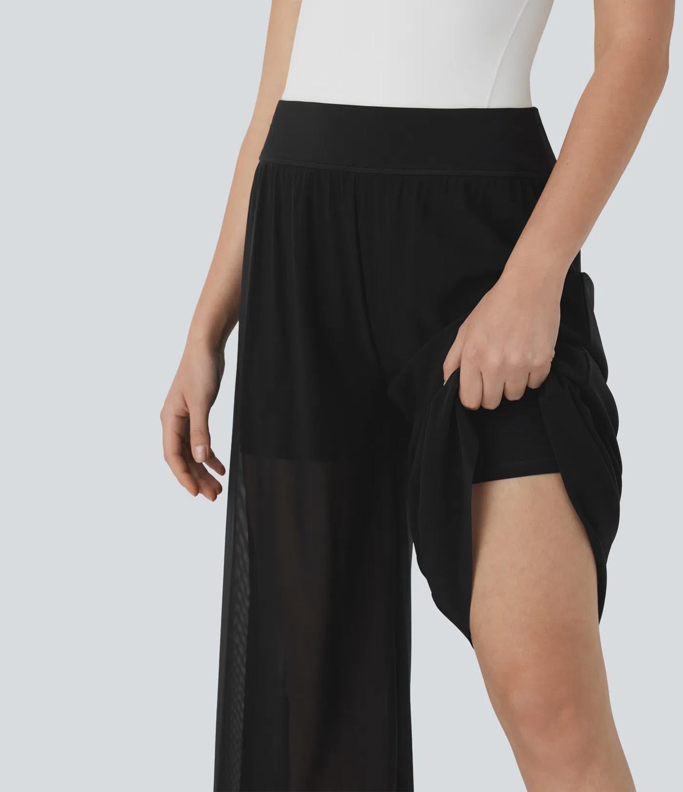 NWT Halara High Waisted 2-in-1 Mesh Wide Leg Flowy Dance Pants Black Size S