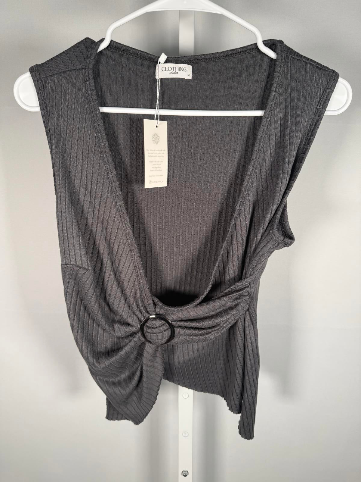 Atelier Women's Wrap Dark Gray Sleeveless Ribbed Knit with Ring Detail Size M