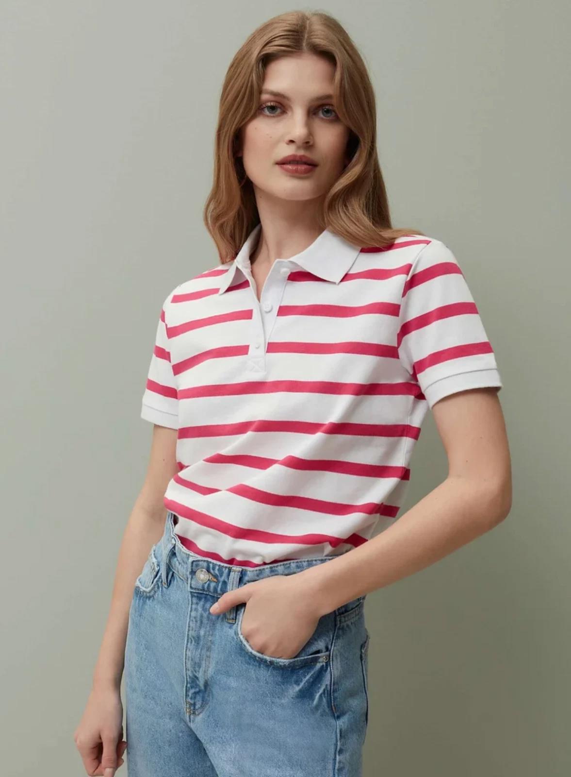 NWT Piombo Pink White Stripe Short Sleeve Pique Polo Shirt Womens US Size S