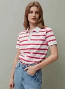 NWT Piombo Pink White Stripe Short Sleeve Pique Polo Shirt Womens US Size S