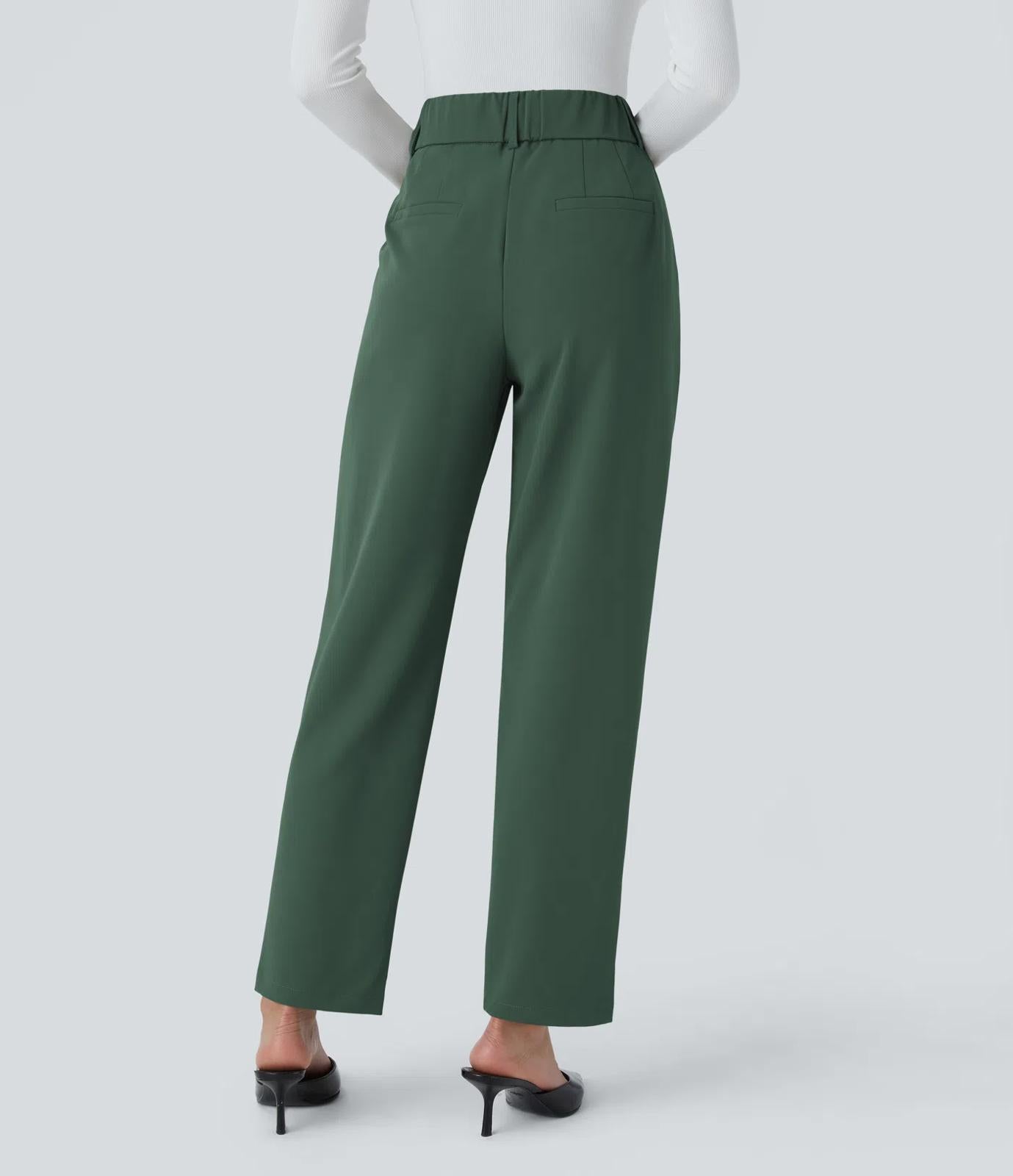NWT Halara High Waisted Pocket Solid Work Tapered Pants Dark Green- L