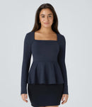 NWT Halara Square Neck Long Sleeve Ruffle Hem Work Top Dark Sapphire M