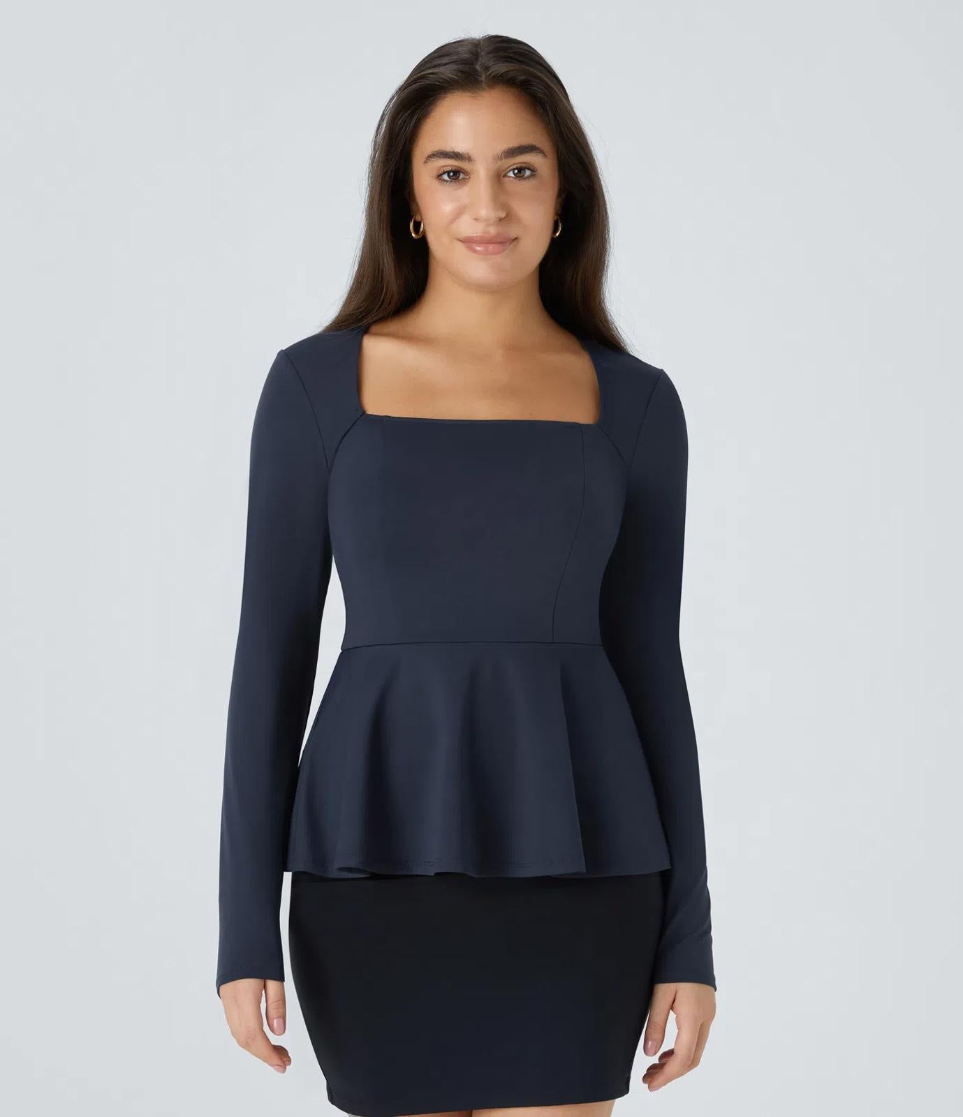 NWT Halara Square Neck Long Sleeve Ruffle Hem Work Top Dark Sapphire M