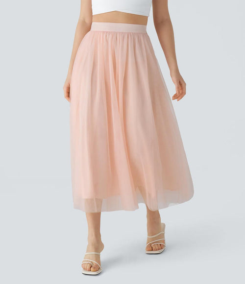 NWT Halara High Waisted Mesh Overlay Flowy Flare Midi Casual Skirt Cream Tan XS