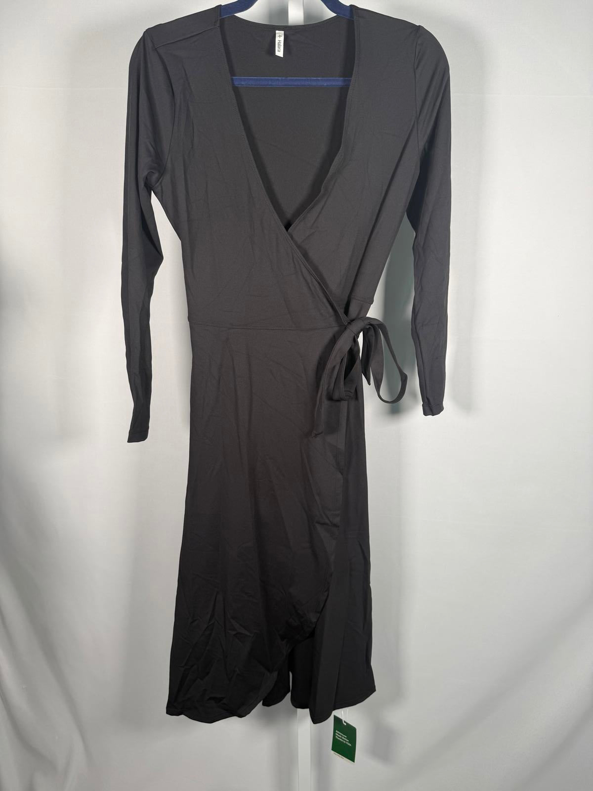 NWT HalaraDeep V Neck Long Sleeve Wrapped Tie Side Midi Casual Dress Black S