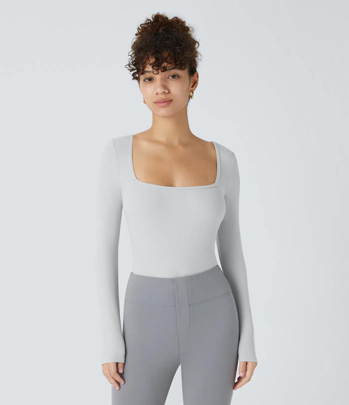 NWT Halara Ribbed Square Neck Long Sleeve Skinny Casual Bodysuit Glacier Gray, M