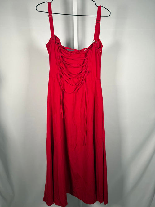 Pathea Elegant Red Midi Dress with Adjustable Straps and Lace-up Back, Size M