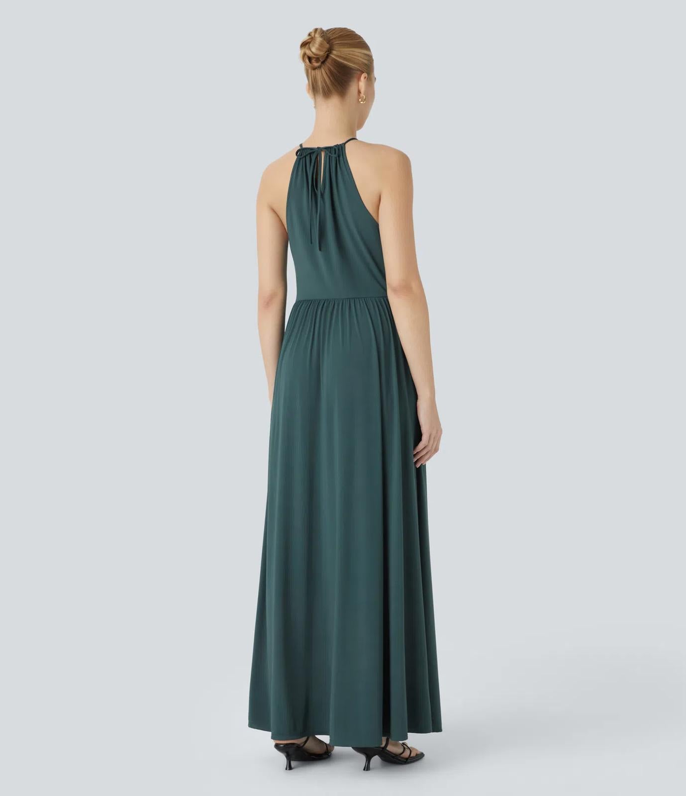 NWT Halara Adjustable Halter Tie Pocket Hem Flowy Maxi Dress Verdiris XL