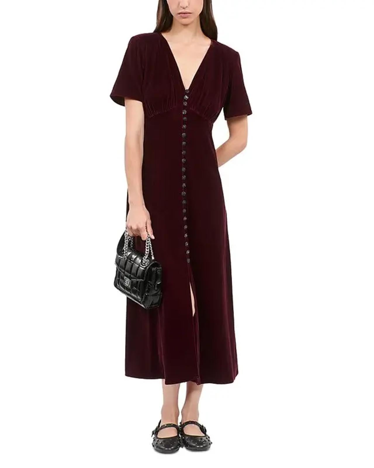 The Kooples Velvet Short Sleeve Midi Dress - Burgundy (French Size 0)