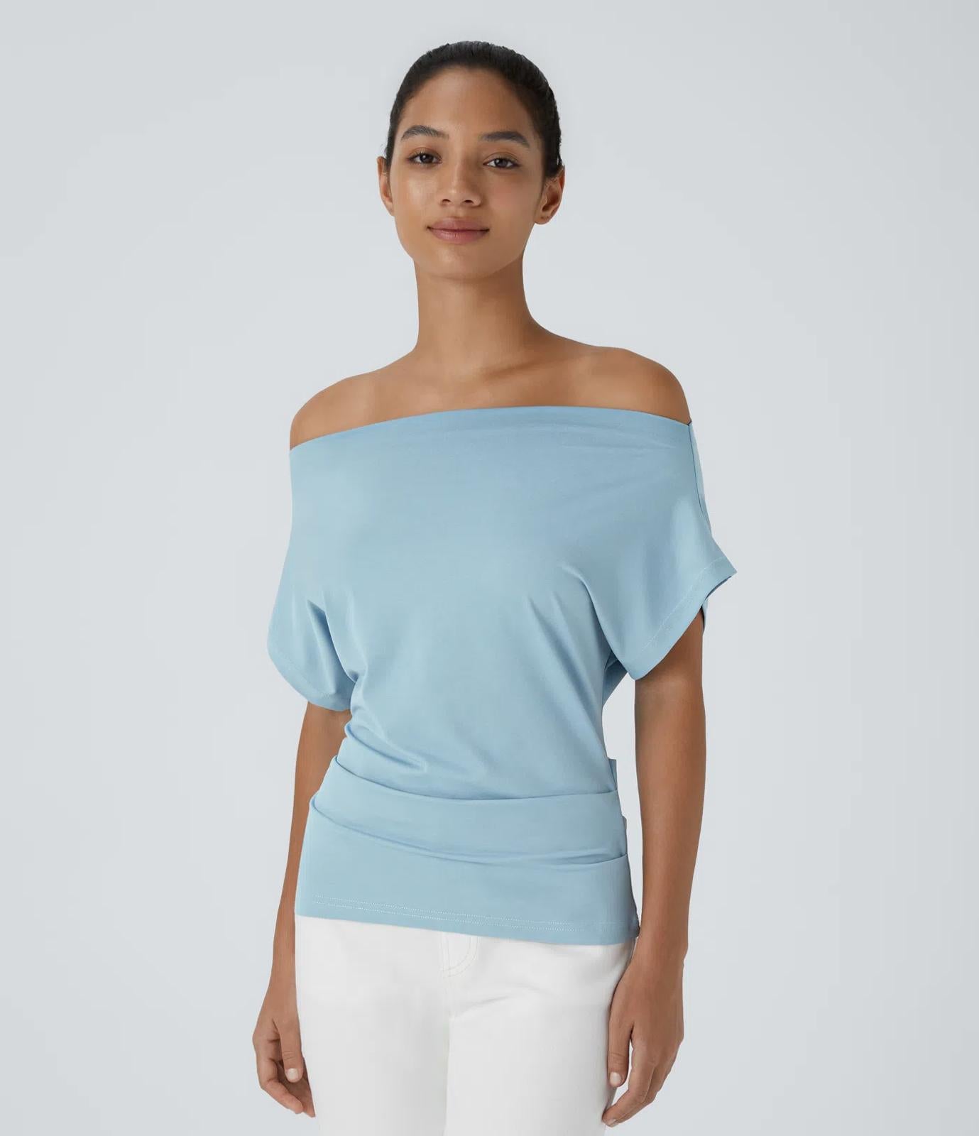 NWT Halara Off Shoulder Short Sleeve Ruched Casual Top Corydalis Blue XL