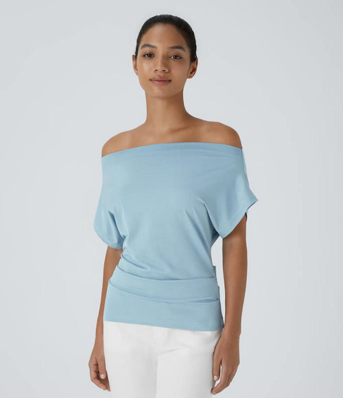 NWT Halara Off Shoulder Short Sleeve Ruched Casual Top Corydalis Blue XL