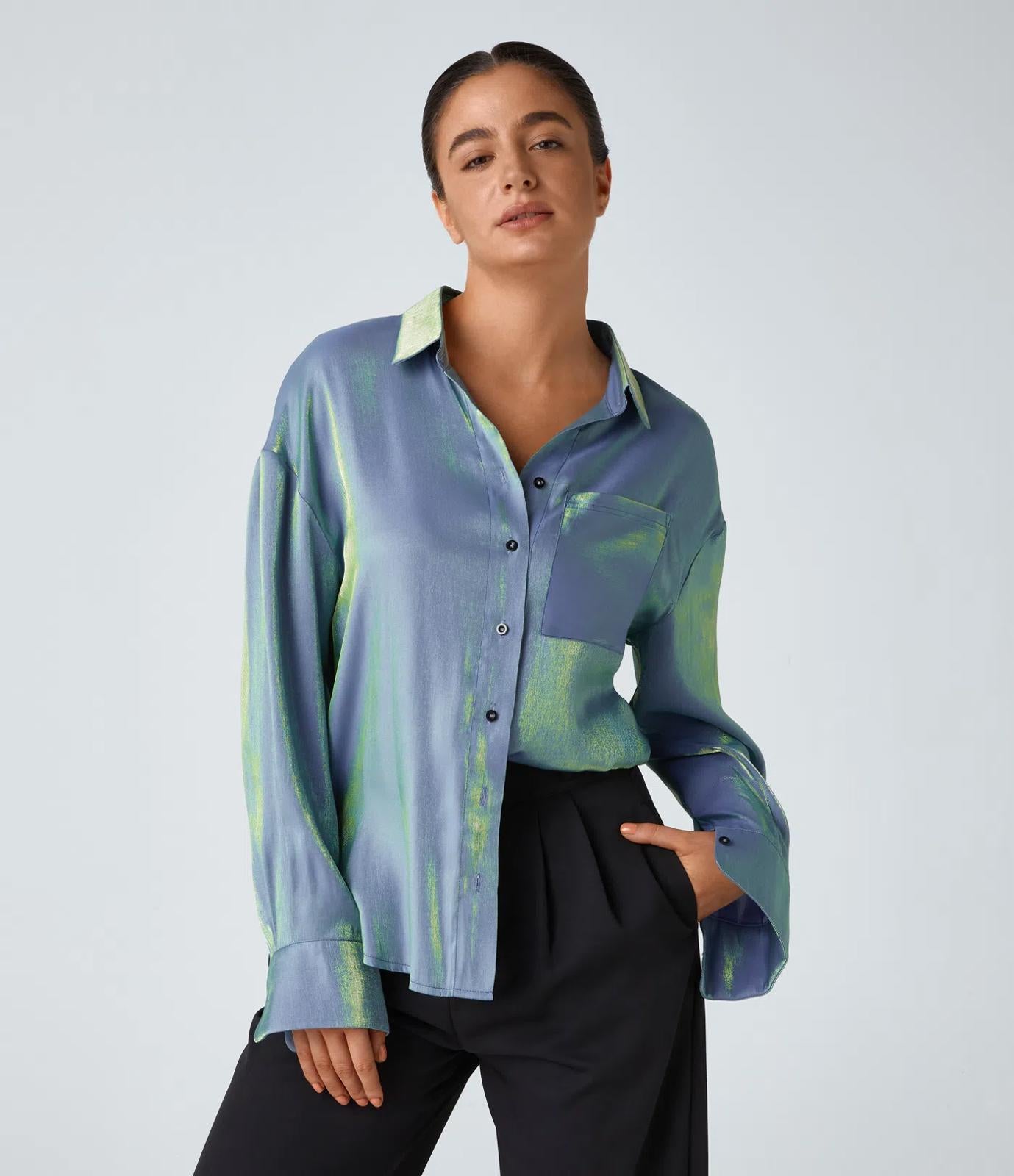 NWT Halara Pocket High Low Curved Hem Shine Oversize Work Shirt Troposphere XS