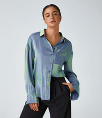 NWT Halara Pocket High Low Curved Hem Shine Oversize Work Shirt Troposphere XS