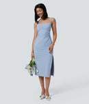 NWT Halara SoftlyZero Airy Ruched Midi Cool Touch Dress-UPF50+ Chambray Blue M