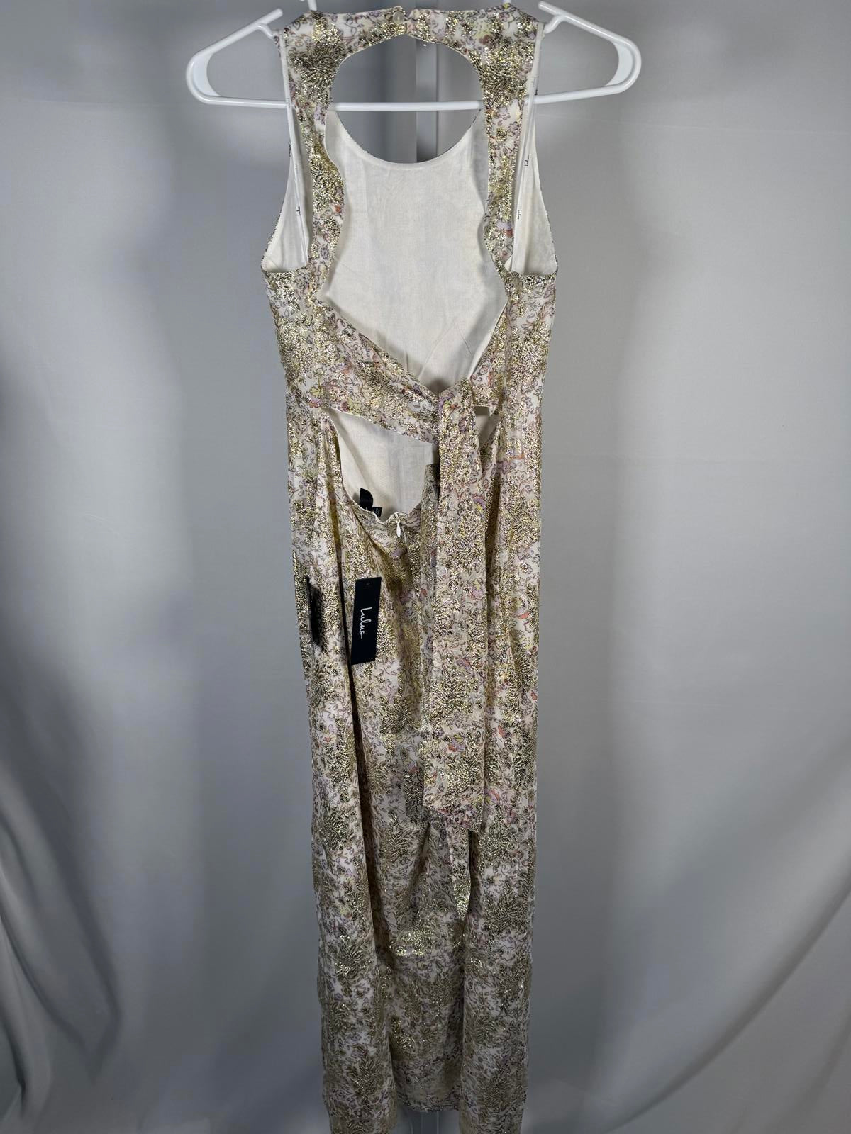 NWT Lulus White and Gold Floral Print Tie-Back Midi Dress Size Small