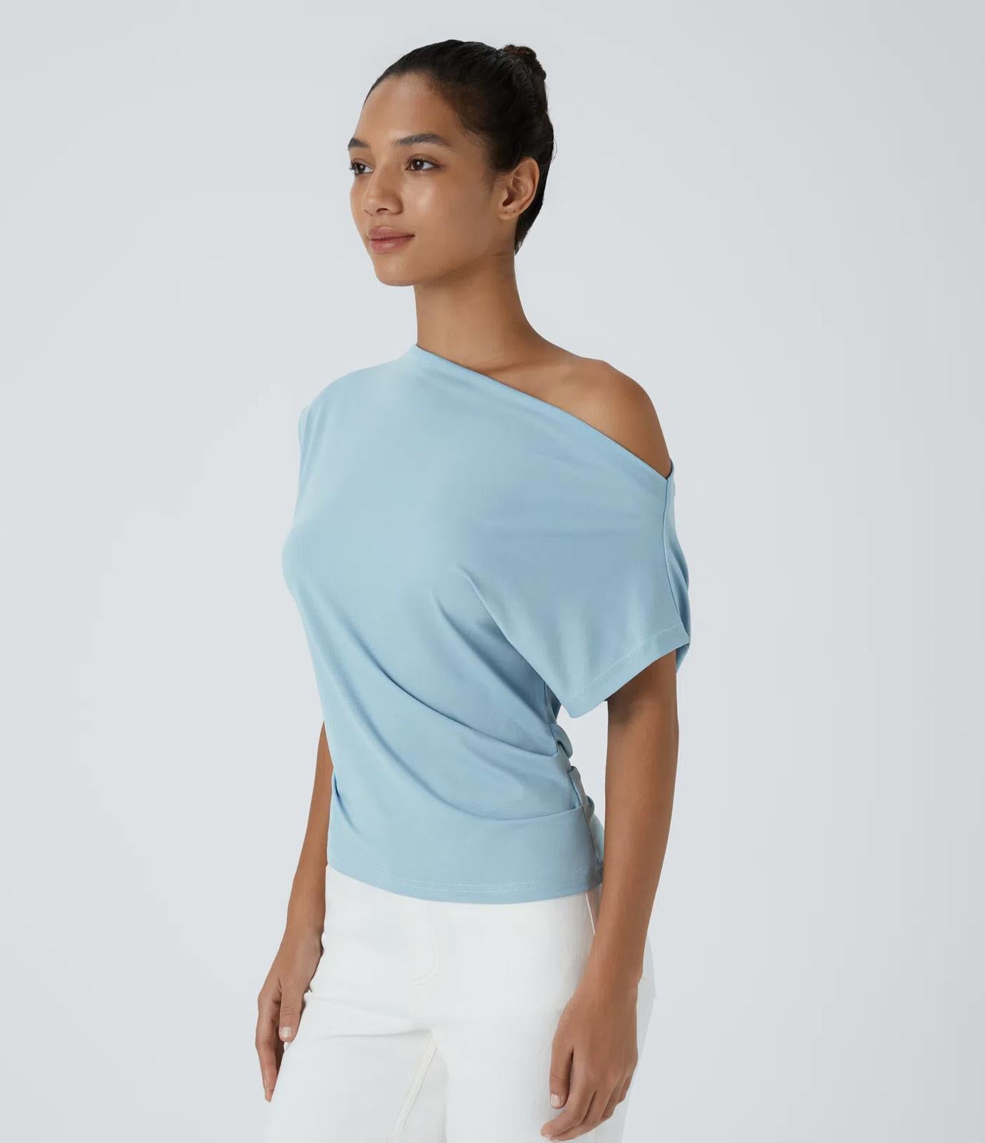 NWT Halara Off Shoulder Short Sleeve Ruched Casual Top Corydalis Blue XL