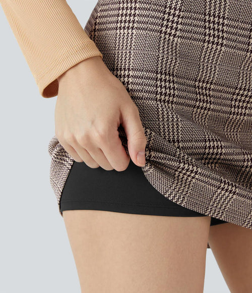 NWT Halara High Waisted 2-in-1 Houndstooth Plaid Mini Work Skirt Brown Plaid L