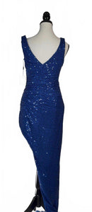 NWT Mac Duggal Blue Sequin Faux Wrap Formal Gown Asymmetrical Hem Size 4