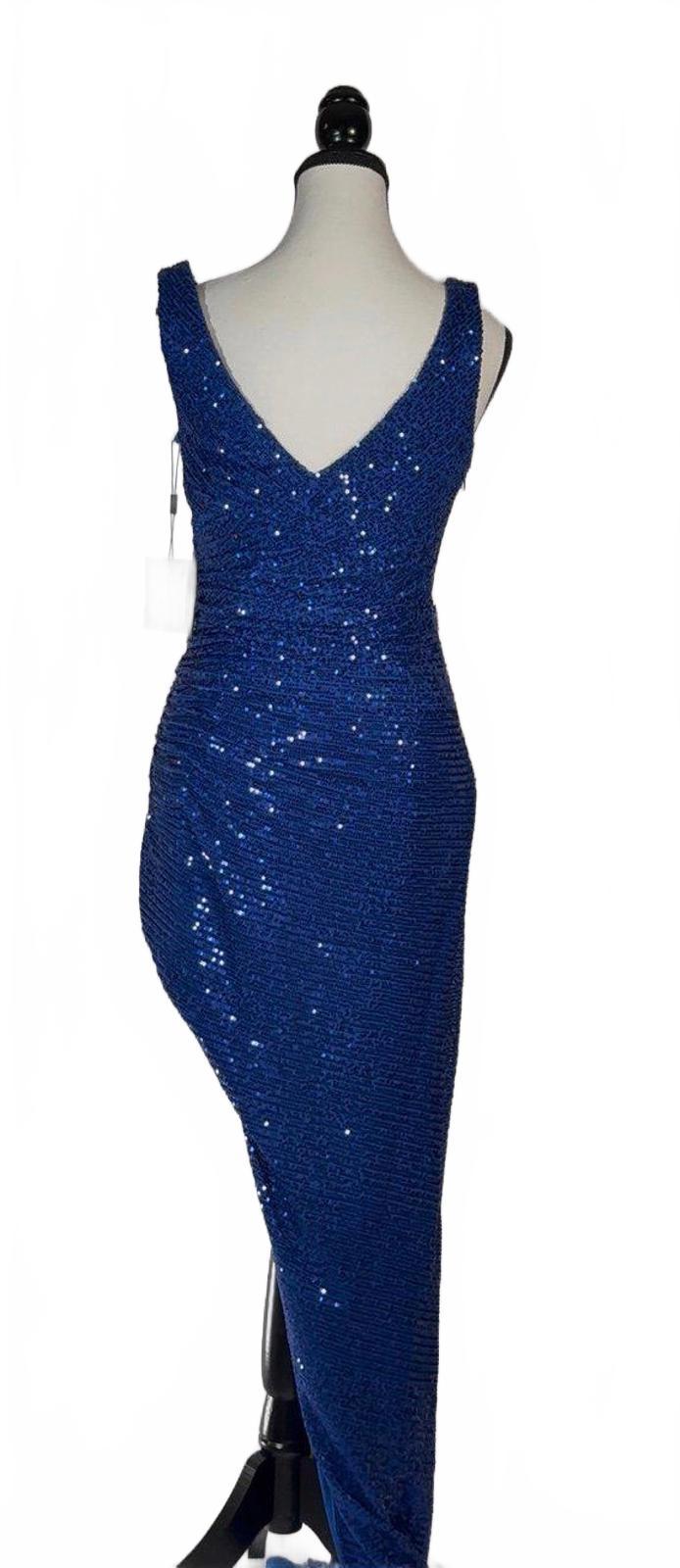 NWT Mac Duggal Blue Sequin Faux Wrap Formal Gown Asymmetrical Hem Size 4